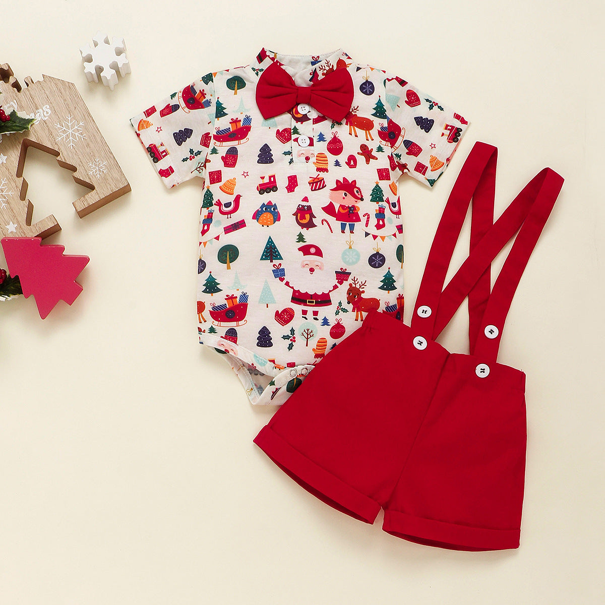 Christmas Boys Bow Tie Button-Up Romper and Suspender Pants Two-Piece Set