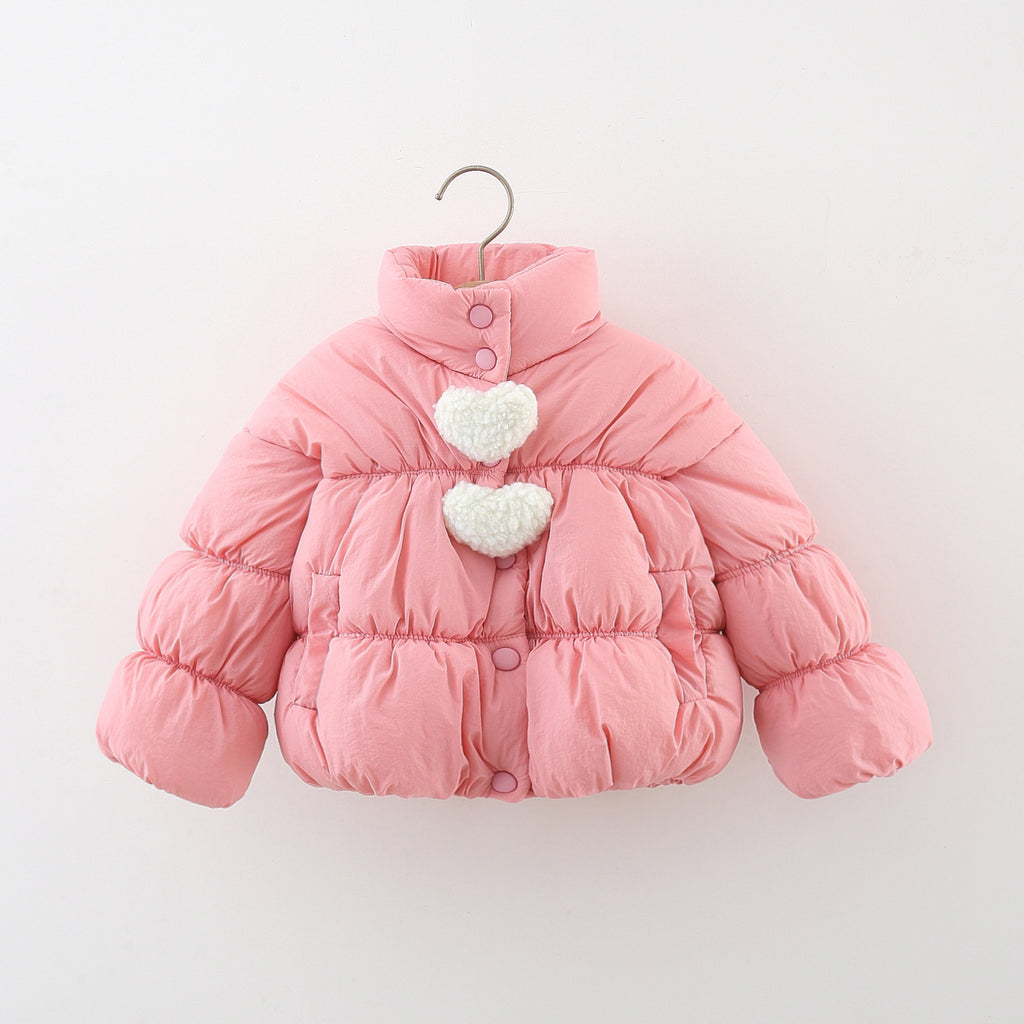Girls Quilted Cotton Jacket with Heart Pom-Pom Fleece Lined Thick Warm Coat