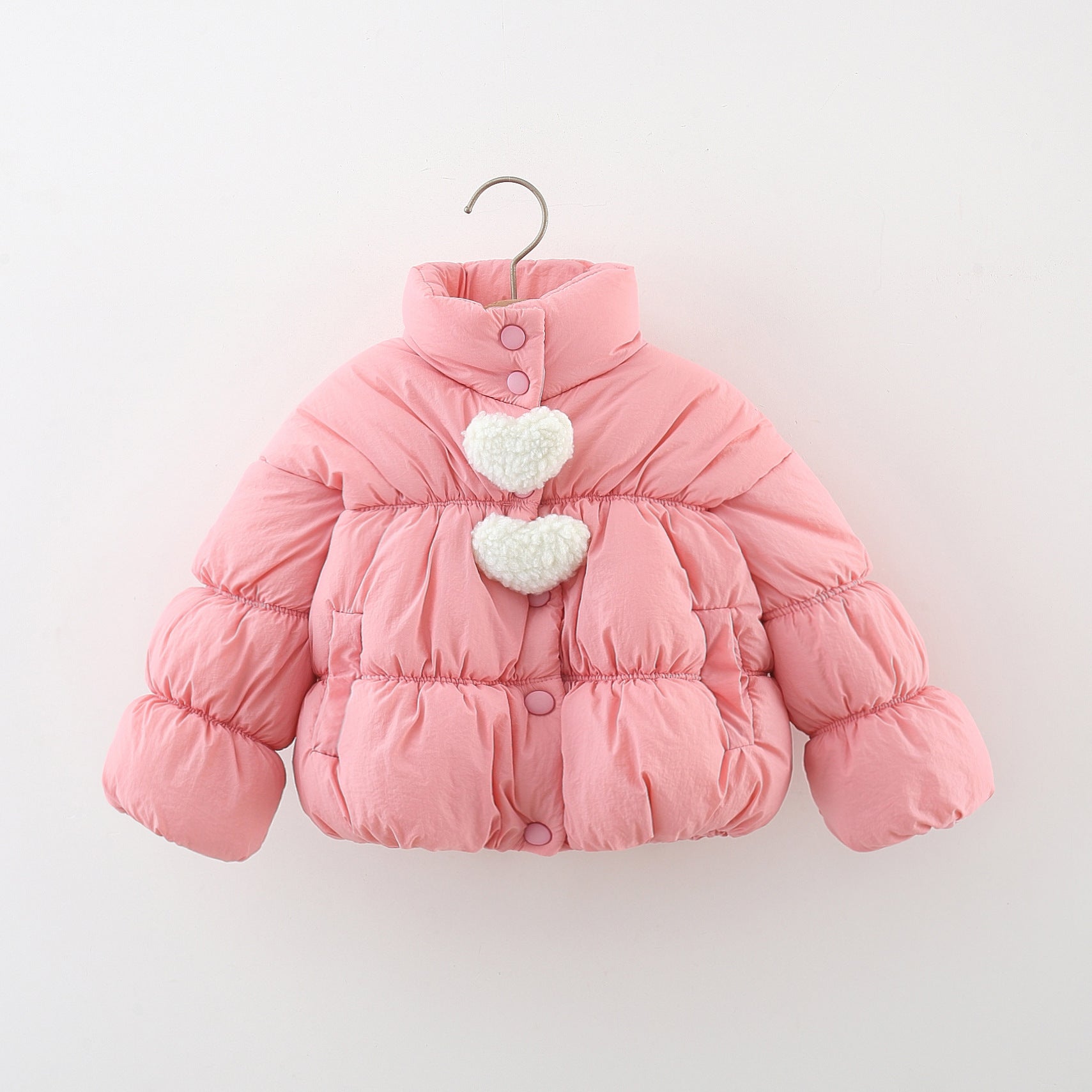 Girls Quilted Cotton Jacket with Heart Pom-Pom Fleece Lined Thick Warm Coat