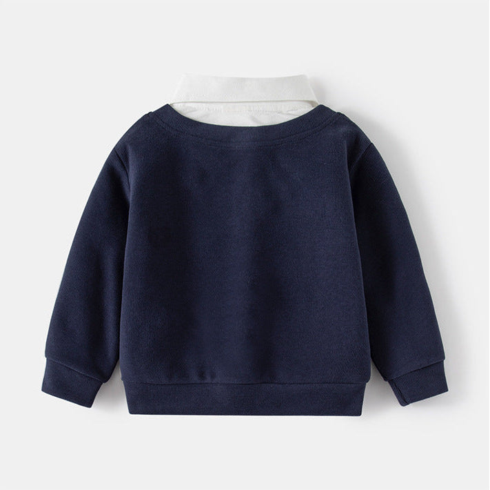 Boys V-Neck Faux Two-Piece Sweatshirt with Embroidered Bear Patch