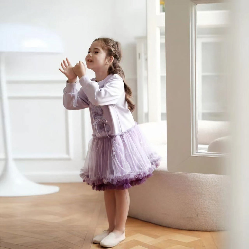 Vestido de tul con diseño de conejito de dibujos animados de otoño para niñas