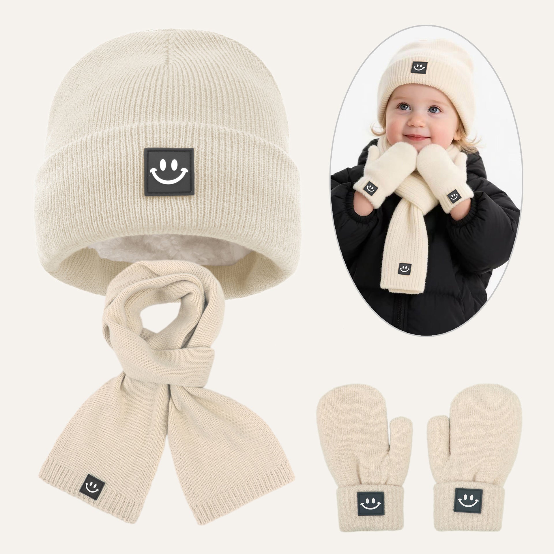 Conjunto de gorro, bufanda y guantes gruesos y cálidos con cara sonriente para niños