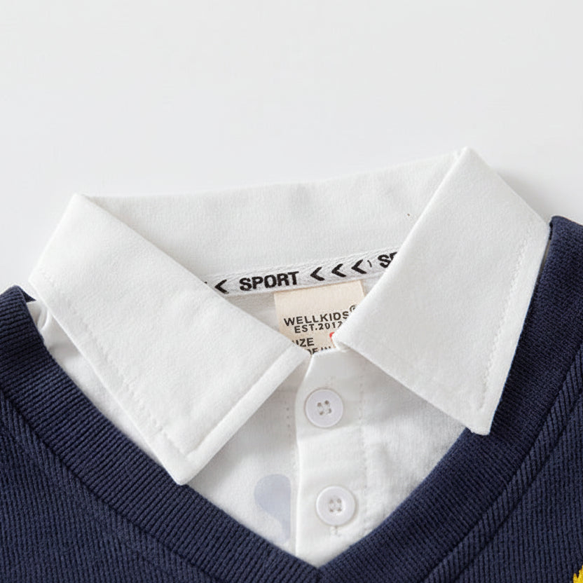 Boys V-Neck Faux Two-Piece Sweatshirt with Embroidered Bear Patch