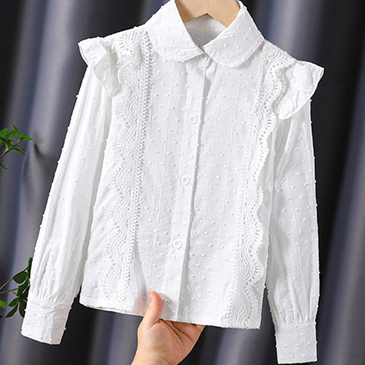 Girls’ Preppy White Cotton Long Sleeve Shirt