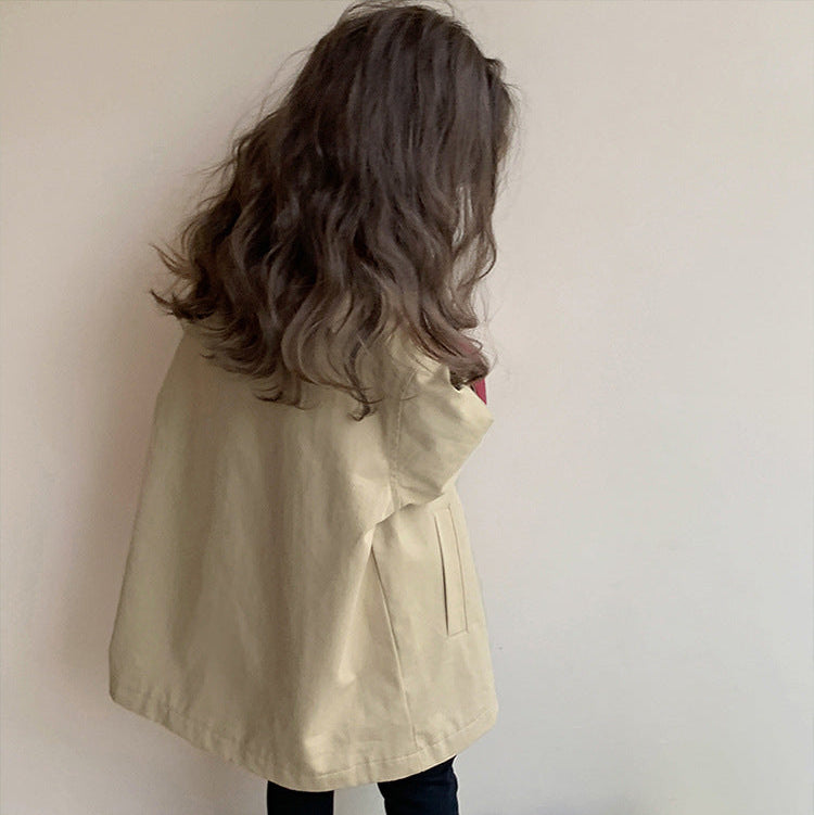 Girls’ French Style Contrast Collar Double-Breasted Mid-Length Trench Coat