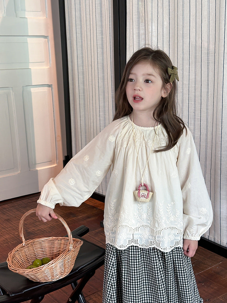 Girls’ Casual Embroidered Flower Long Sleeve Shirt