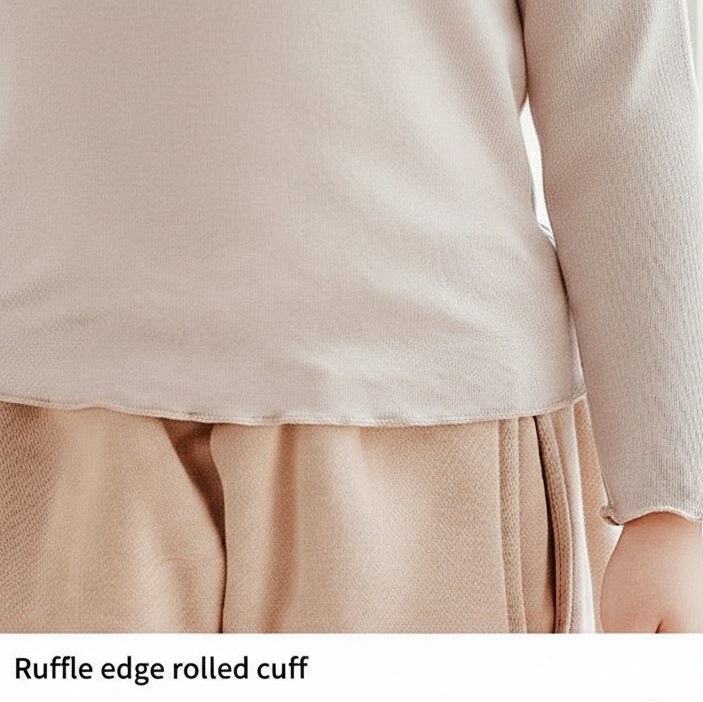 Girls Ribbed Mock Neck Ruffle Trim Cotton Long Sleeve Top