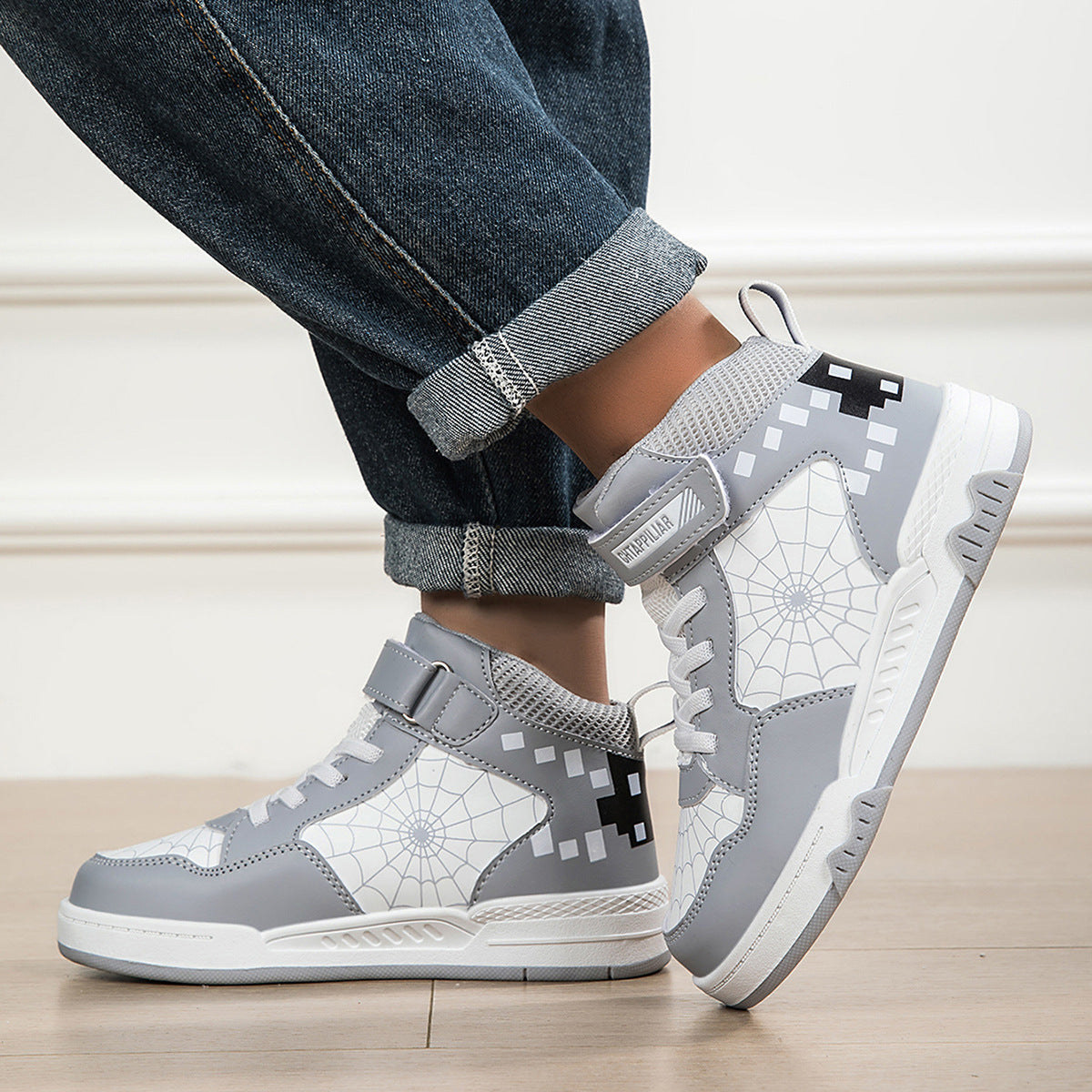 Boys Mid-Top Spider Print Casual Sneakers - Cool Athletic Sports Shoes