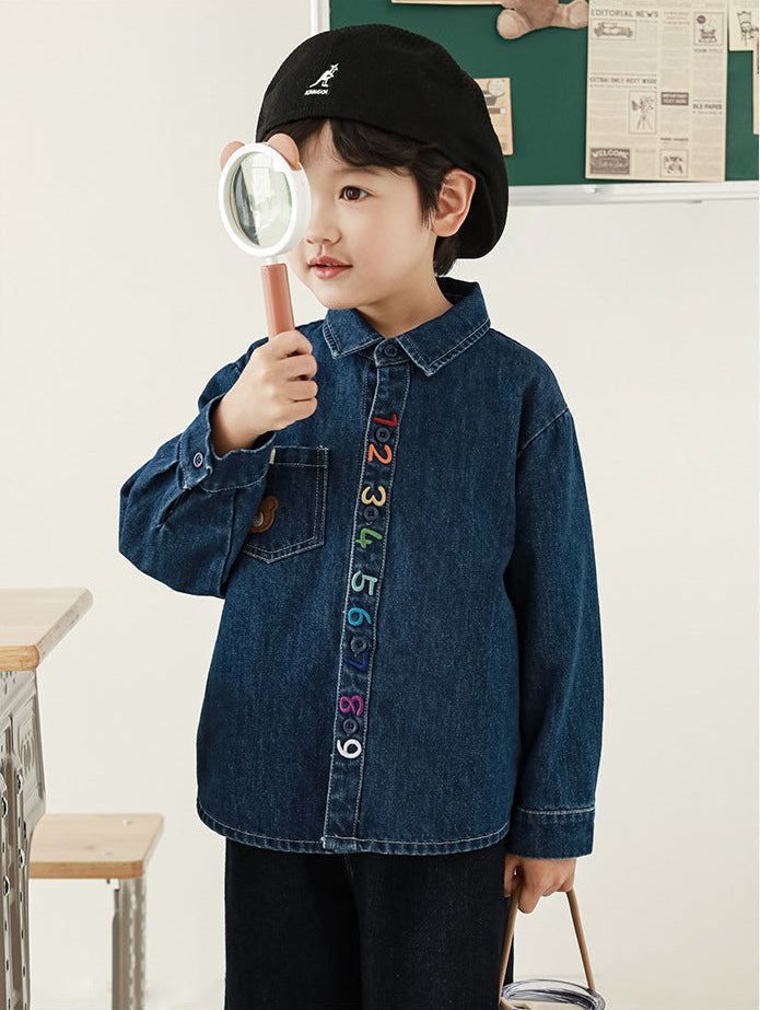 Boys’ Rainbow Number Embroidered Long Sleeve Cotton Shirt