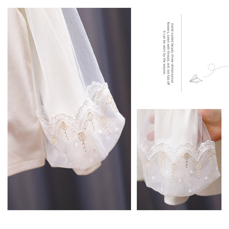 Girls’ Sweet Cotton Puff Sleeve Long Sleeve Tee