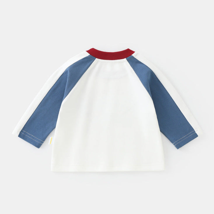 Boys Color Block Raglan Sleeve Cotton Long Sleeve T-Shirt with Dog Print