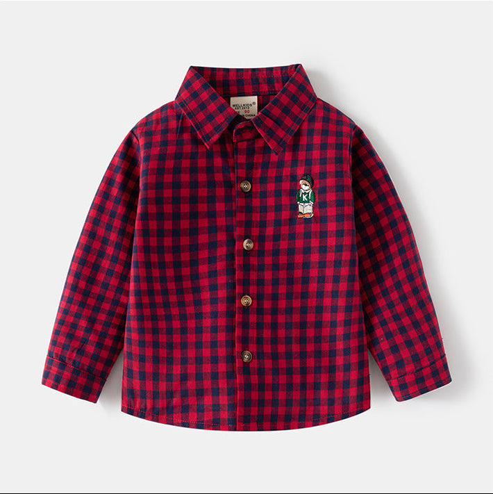 Boys’ Cartoon Embroidery Long Sleeve Cotton Shirt