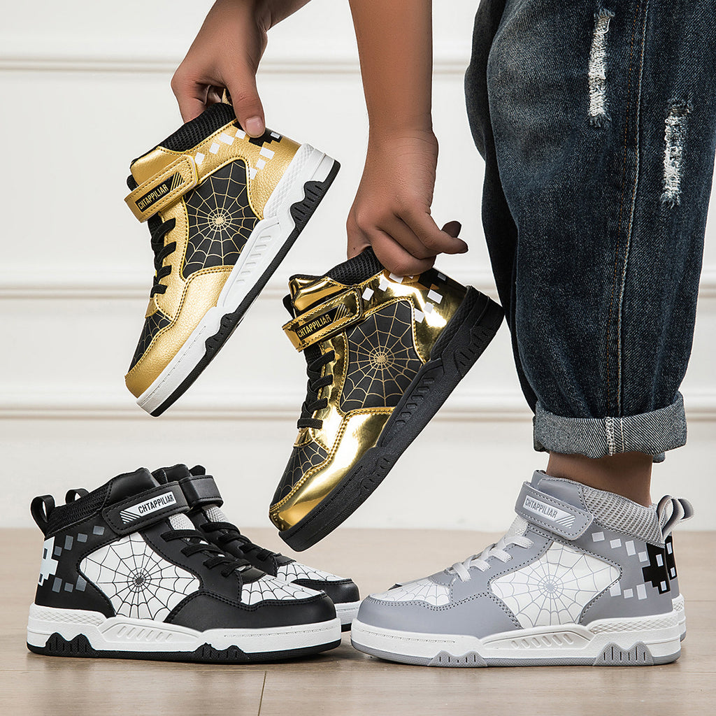 Boys Mid-Top Spider Print Casual Sneakers - Cool Athletic Sports Shoes