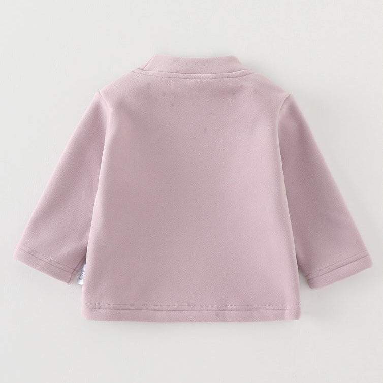 Girls Sweet Embroidered Patch Stand Collar Fleece-Lined Long Sleeve Top