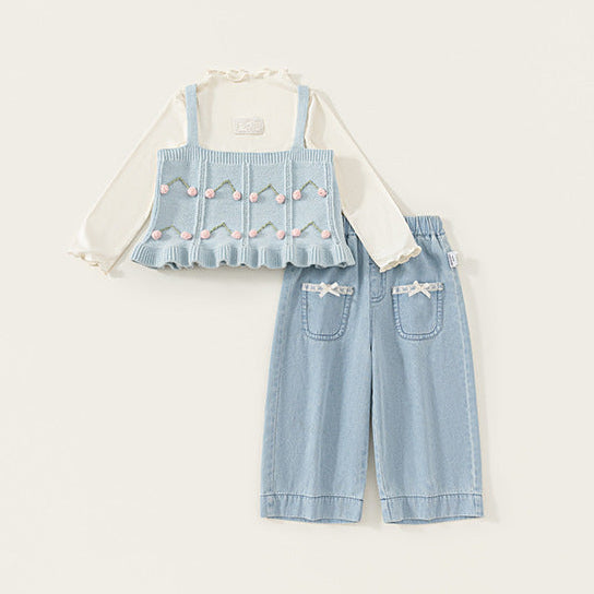 Girls Fall Sweet Cute Lace Trim Three Piece Set