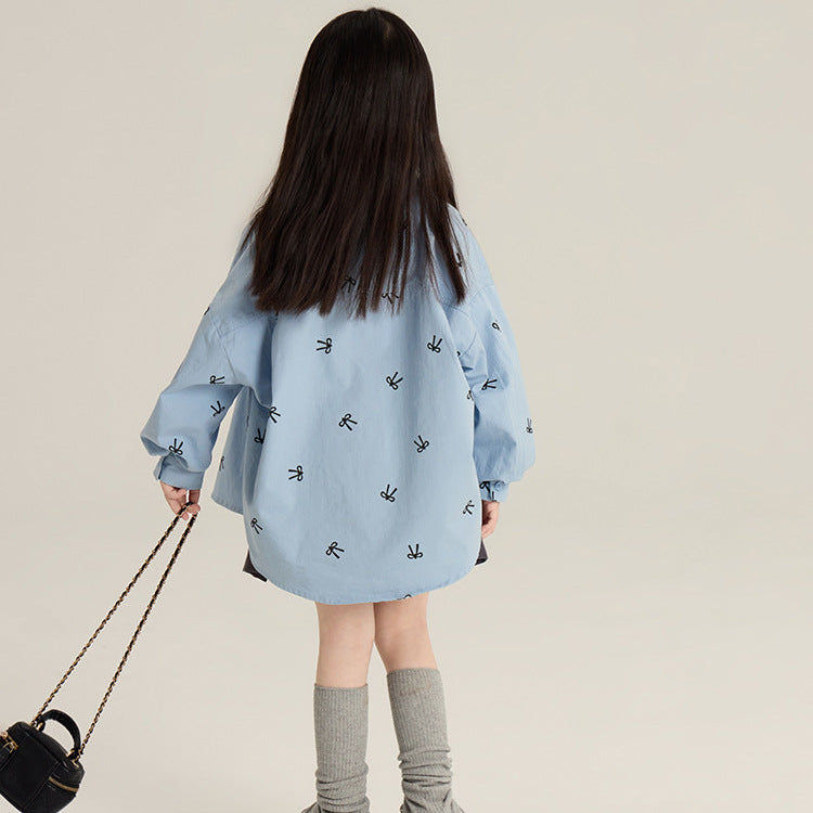 Girls’ Bow Print All-Over Long Sleeve Casual Shirt