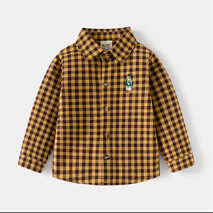 Boys’ Cartoon Embroidery Long Sleeve Cotton Shirt