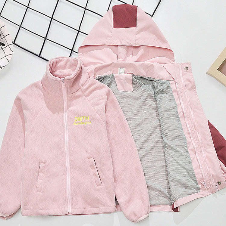 Girls’ Removable Fleece Colorblock Cartoon Hooded Jacket – Family Matching