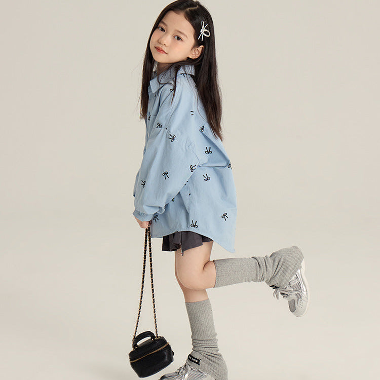 Girls’ Bow Print All-Over Long Sleeve Casual Shirt