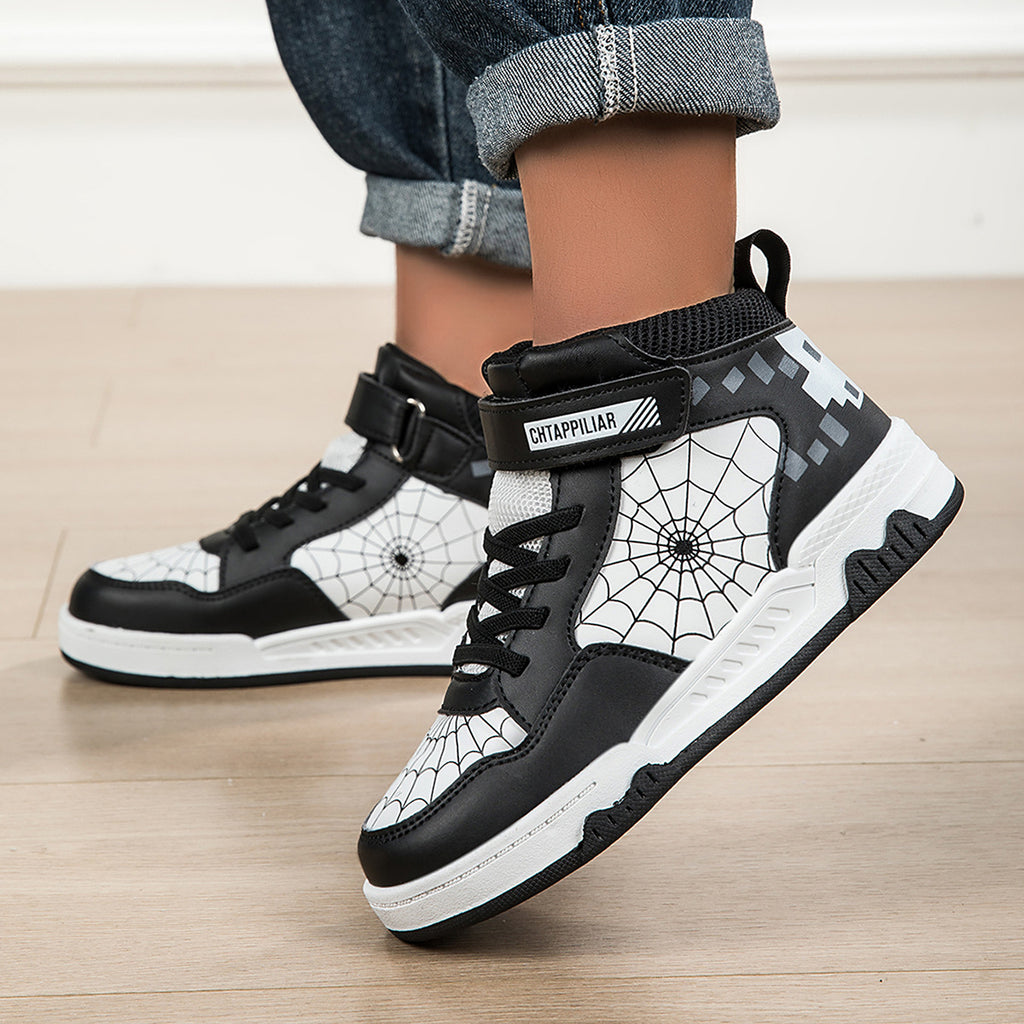 Boys Mid-Top Spider Print Casual Sneakers - Cool Athletic Sports Shoes