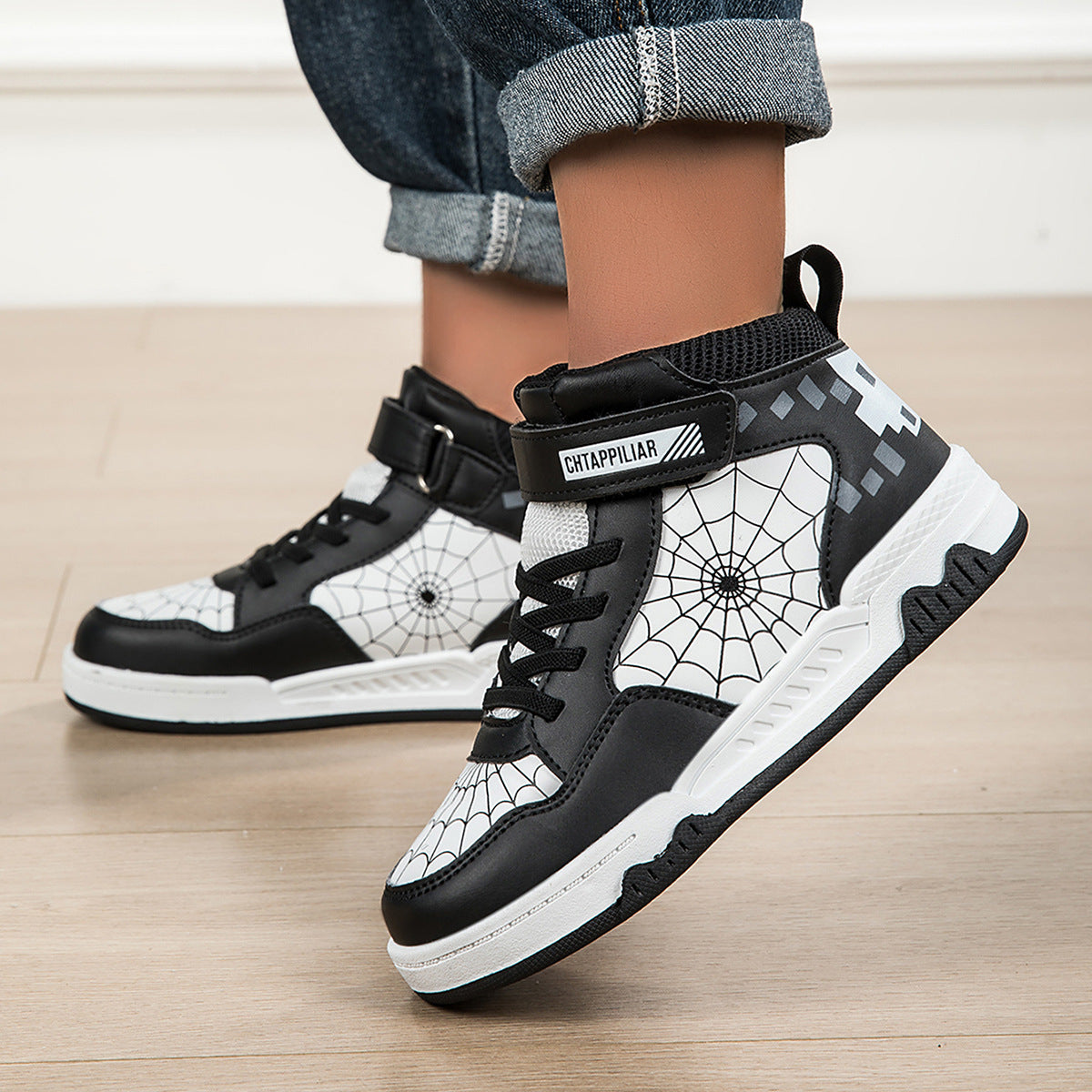 Boys Mid-Top Spider Print Casual Sneakers - Cool Athletic Sports Shoes