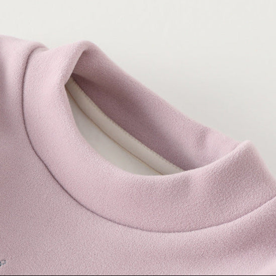 Girls Sweet Embroidered Patch Stand Collar Fleece-Lined Long Sleeve Top