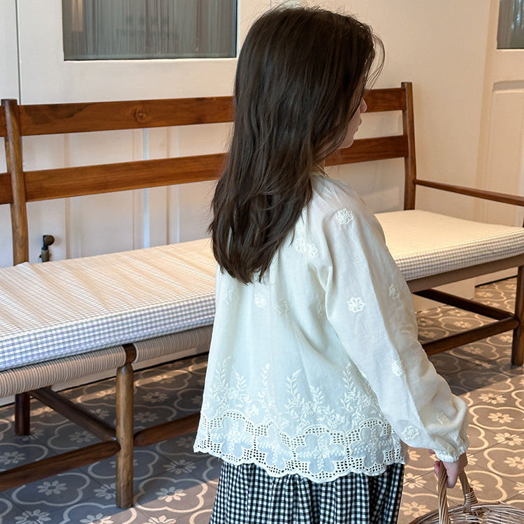 Girls’ Casual Embroidered Flower Long Sleeve Shirt