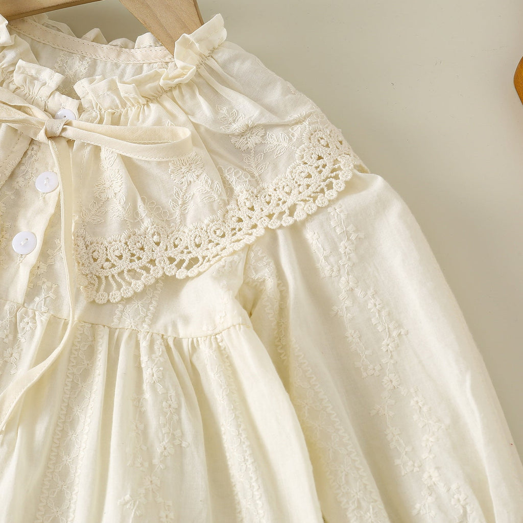 Girls’ 100% Cotton Lace Long Sleeve Dress with Vintage Ruffle Collar