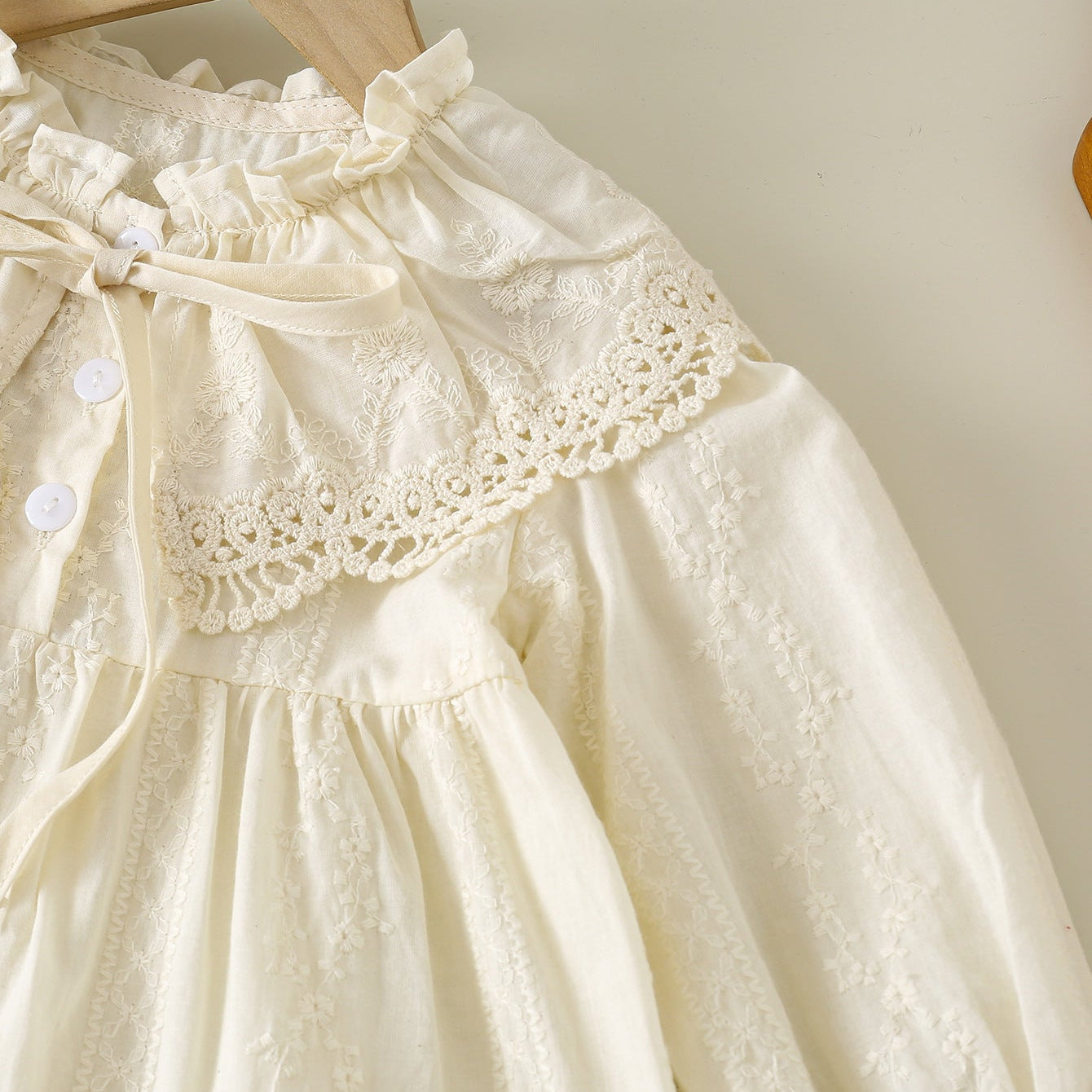 Girls’ 100% Cotton Lace Long Sleeve Dress with Vintage Ruffle Collar