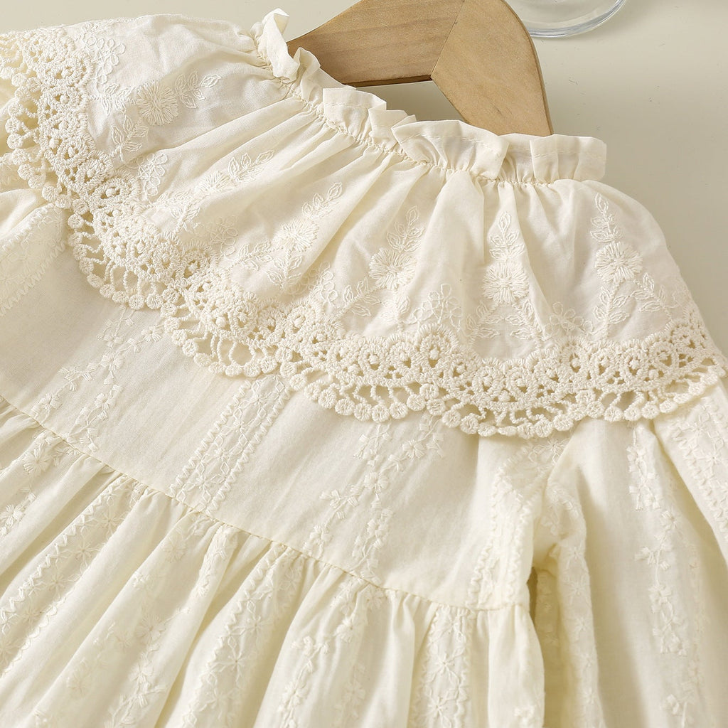 Girls’ 100% Cotton Lace Long Sleeve Dress with Vintage Ruffle Collar