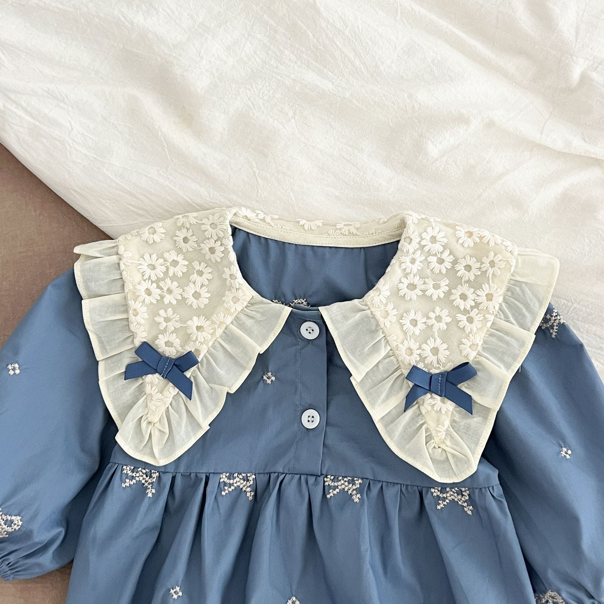 Baby Girl French Style Cotton Lace Bodysuit with Ruffled Collar