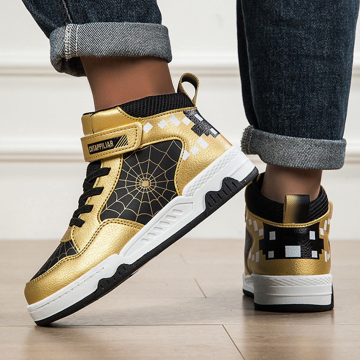 Boys Mid-Top Spider Print Casual Sneakers - Cool Athletic Sports Shoes