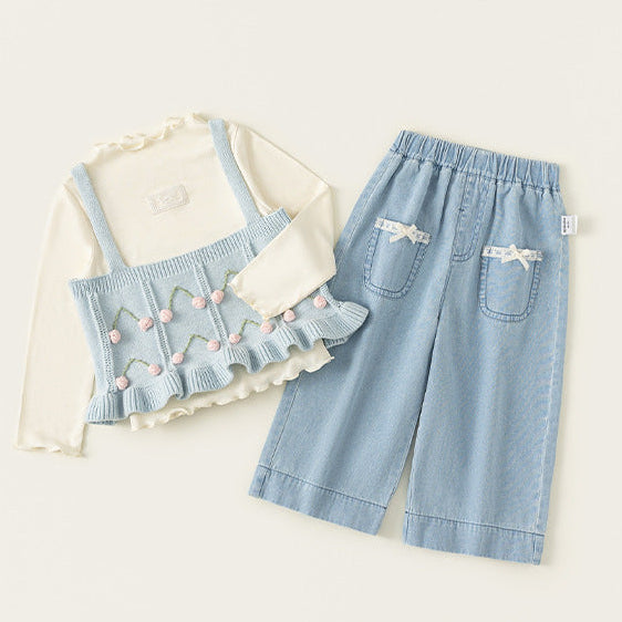 Girls Fall Sweet Cute Lace Trim Three Piece Set