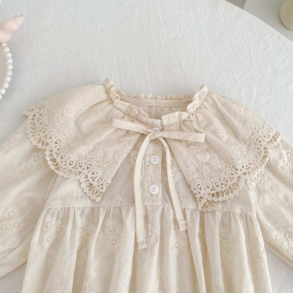 Baby Girl 100% Cotton Lace Long Sleeve Bodysuit with Vintage Ruffle Collar