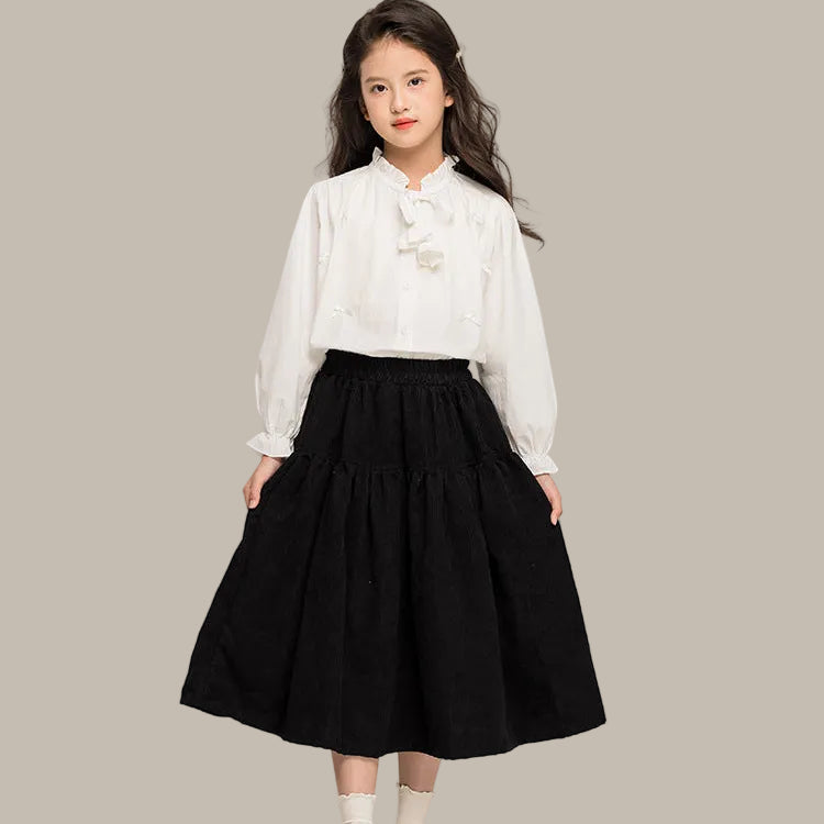Girls French-Style Ruffle Collar Bow Long Sleeve Shirt & Skirt Set