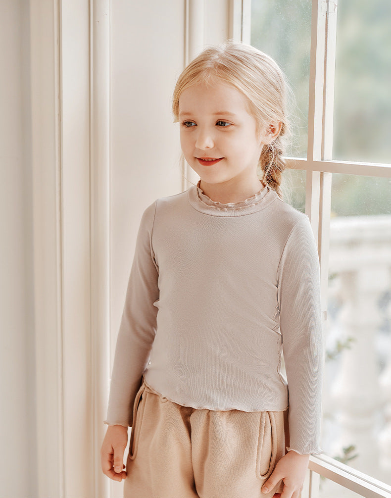 Girls Ribbed Mock Neck Ruffle Trim Cotton Long Sleeve Top