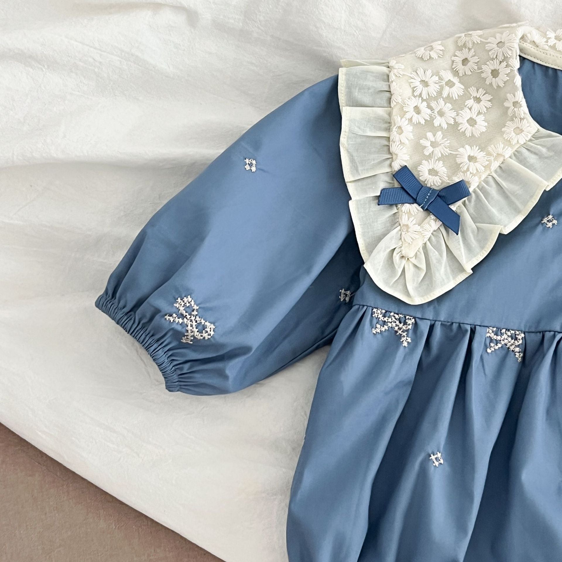 Baby Girl French Style Cotton Lace Bodysuit with Ruffled Collar