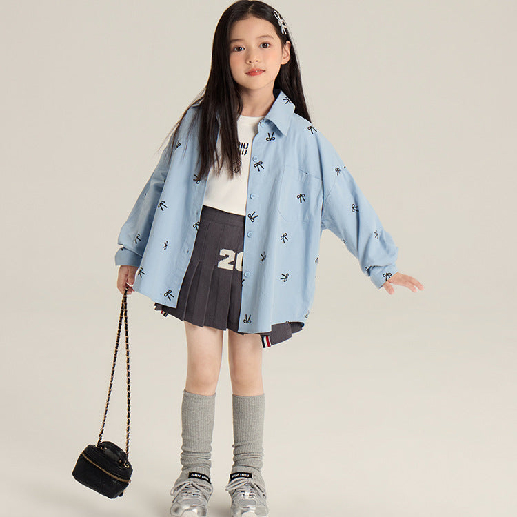 Girls’ Bow Print All-Over Long Sleeve Casual Shirt