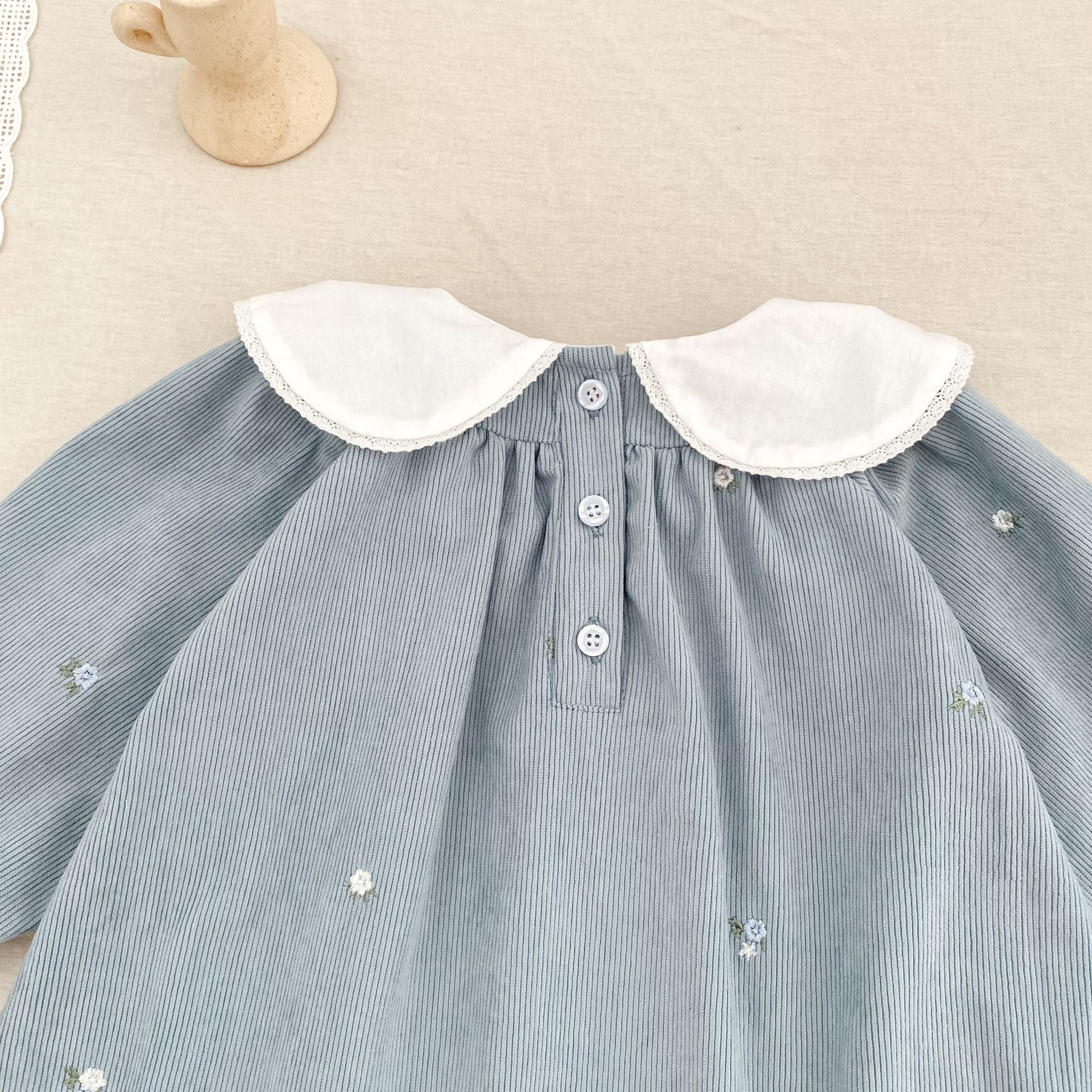 Girls’ Corduroy Long Sleeve Dress with Embroidered Peter Pan Collar