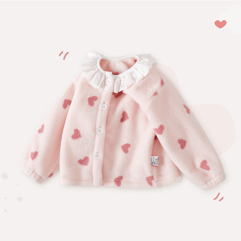 Chaqueta polar de doble cara con ribete de encaje para niñas