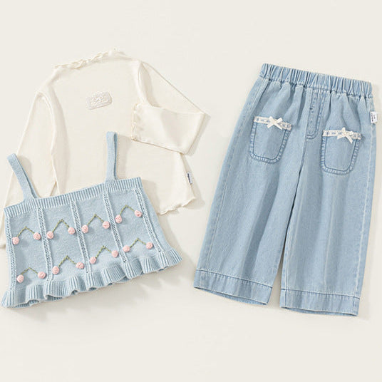 Girls Fall Sweet Cute Lace Trim Three Piece Set