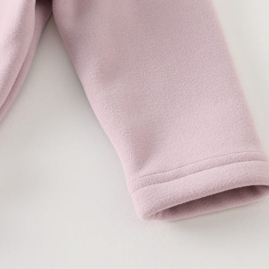 Girls Sweet Embroidered Patch Stand Collar Fleece-Lined Long Sleeve Top