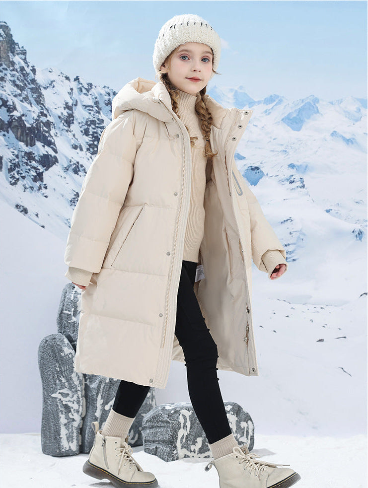 Lange, dicke, warme Daunenjacke mit Kapuze für Kinder
