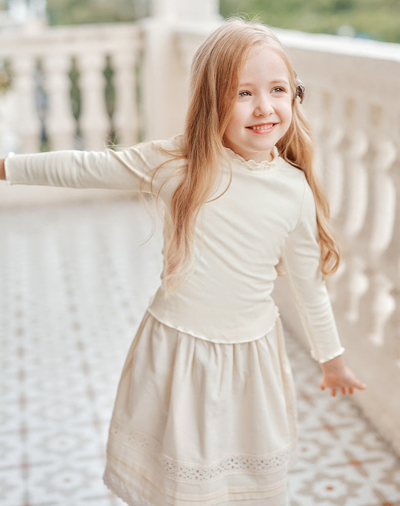 Girls Ribbed Mock Neck Ruffle Trim Cotton Long Sleeve Top