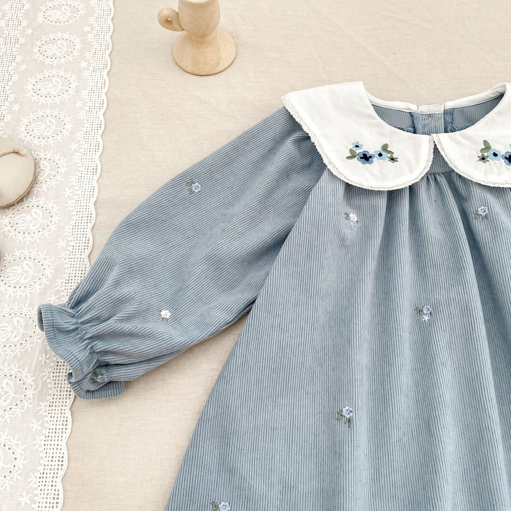 Girls’ Corduroy Long Sleeve Dress with Embroidered Peter Pan Collar