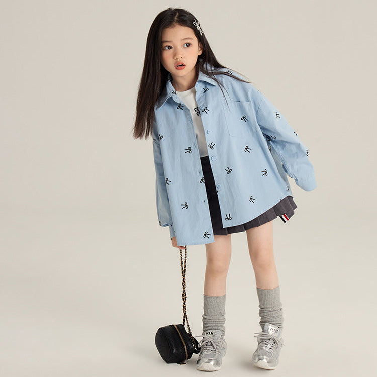 Girls’ Bow Print All-Over Long Sleeve Casual Shirt