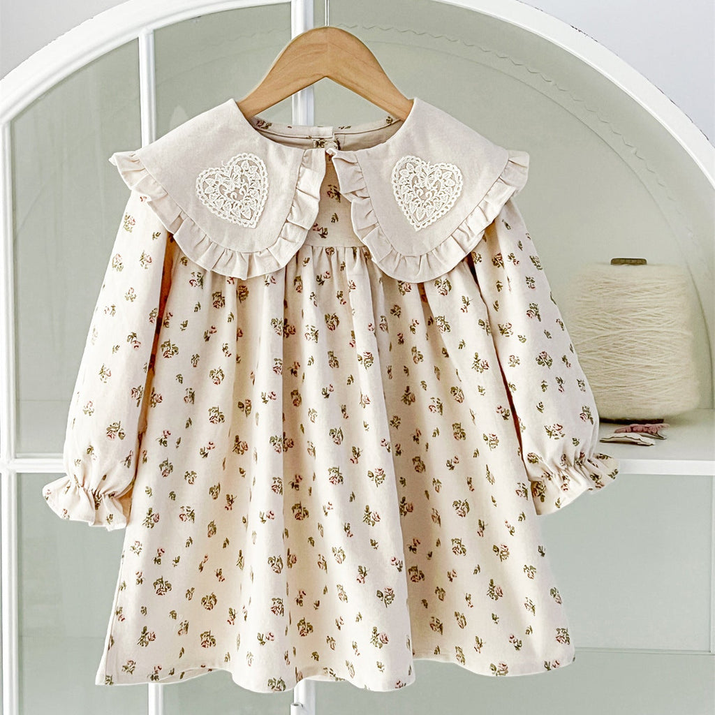 Girls’ 100% Cotton Floral Long Sleeve Dress with Lace Heart Collar