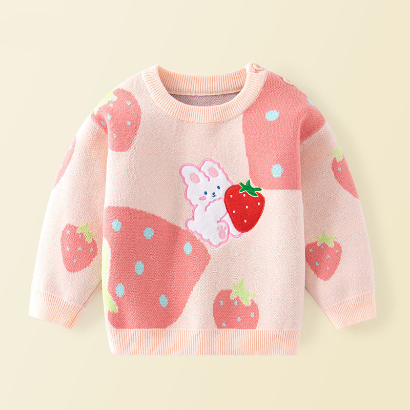 Girls Strawberry Bunny Fleece Lined Warm Sweater
