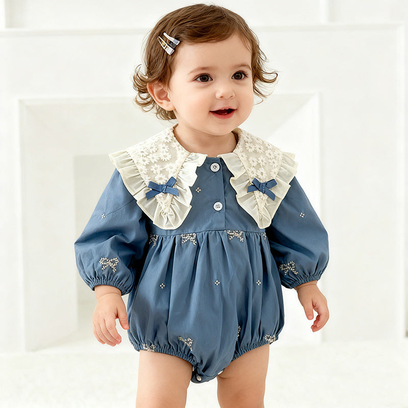 Baby Girl French Style Cotton Lace Bodysuit with Ruffled Collar