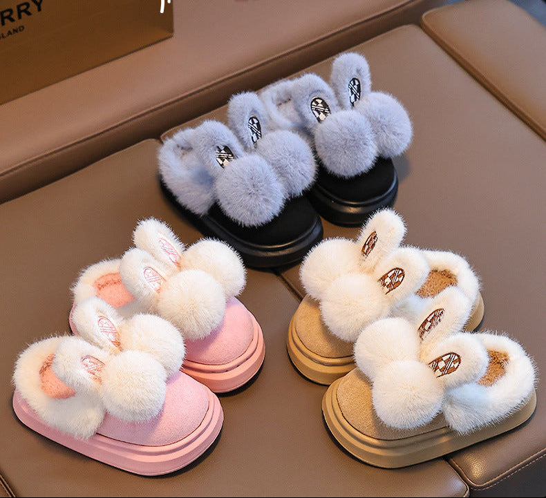 Girls Bunny Rabbit Warm Plush Slippers - Thick Fleece Indoor House Shoes